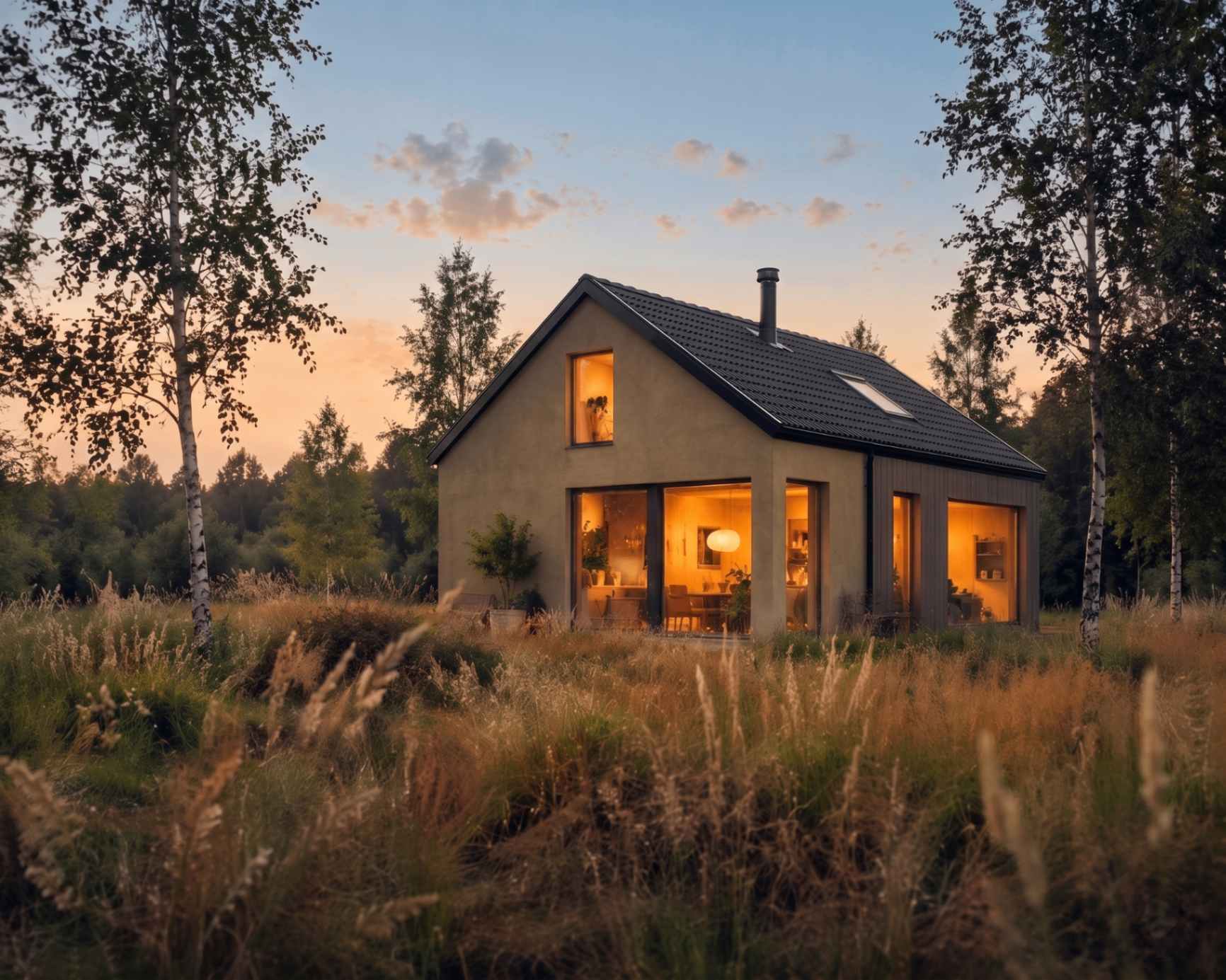Nordic timber house in misty forest at golden hour